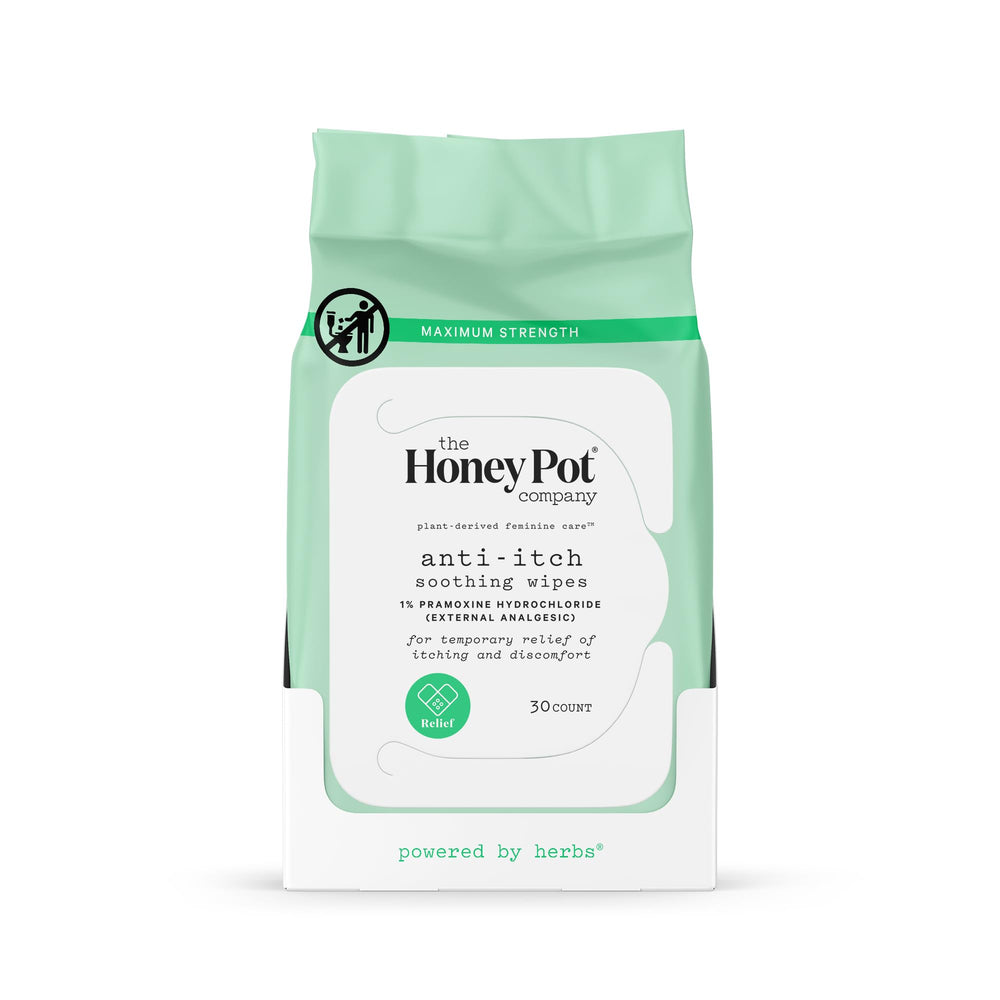 The Honey Pot Anti-Itch Wipes packaging 30 count for on-the-go relief.