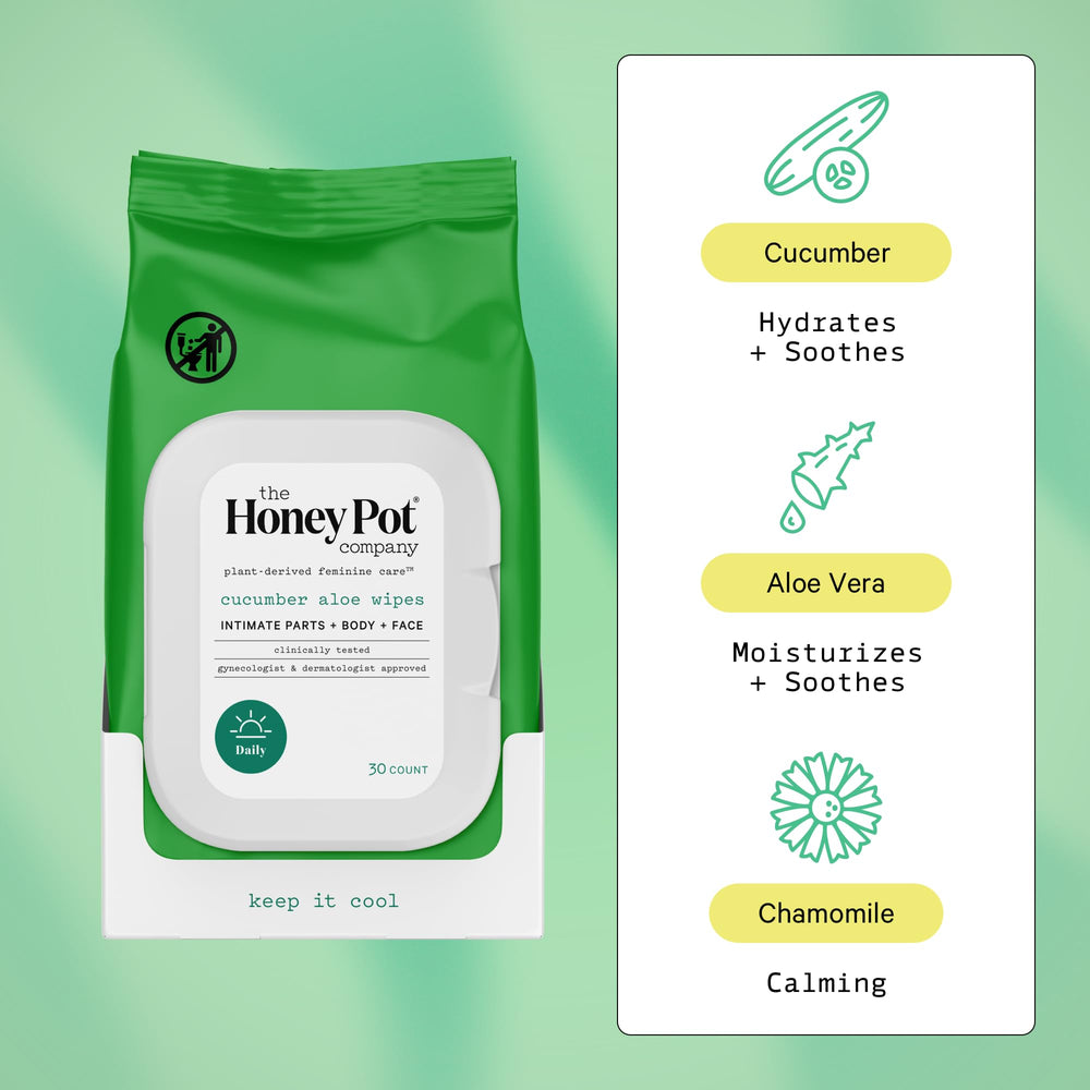 The Honey Pot feminine wipes close-up highlights plant-based moisturizing ingredients.