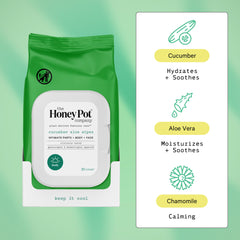 The Honey Pot feminine wipes close-up highlights plant-based moisturizing ingredients.