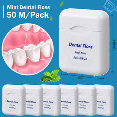 Mint flavored dental floss bulk 50m label close-up