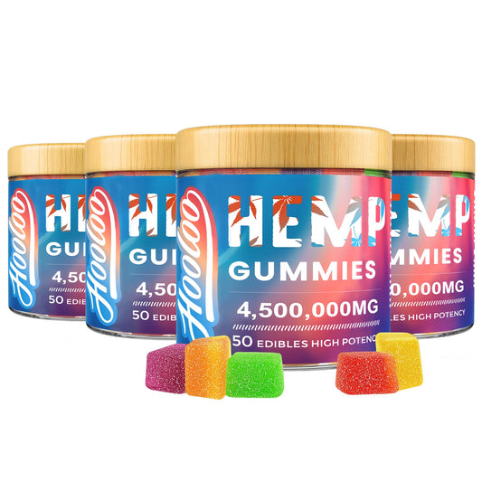 Front view of HOOLOO Hemp Gummies Extra Strength bottle with six fruit flavors