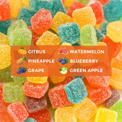 Close-up of chewy hemp gummies in big cube shapes
