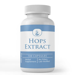 Bottle of hops extract capsules showing the 100-count package