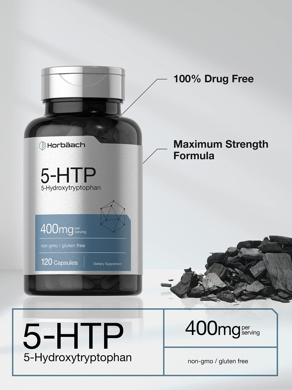 Label detail showing 400 mg 5-HTP per serving