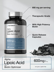 Horbäach Alpha Lipoic Acid 600mg label shows gluten-free and non-GMO status.