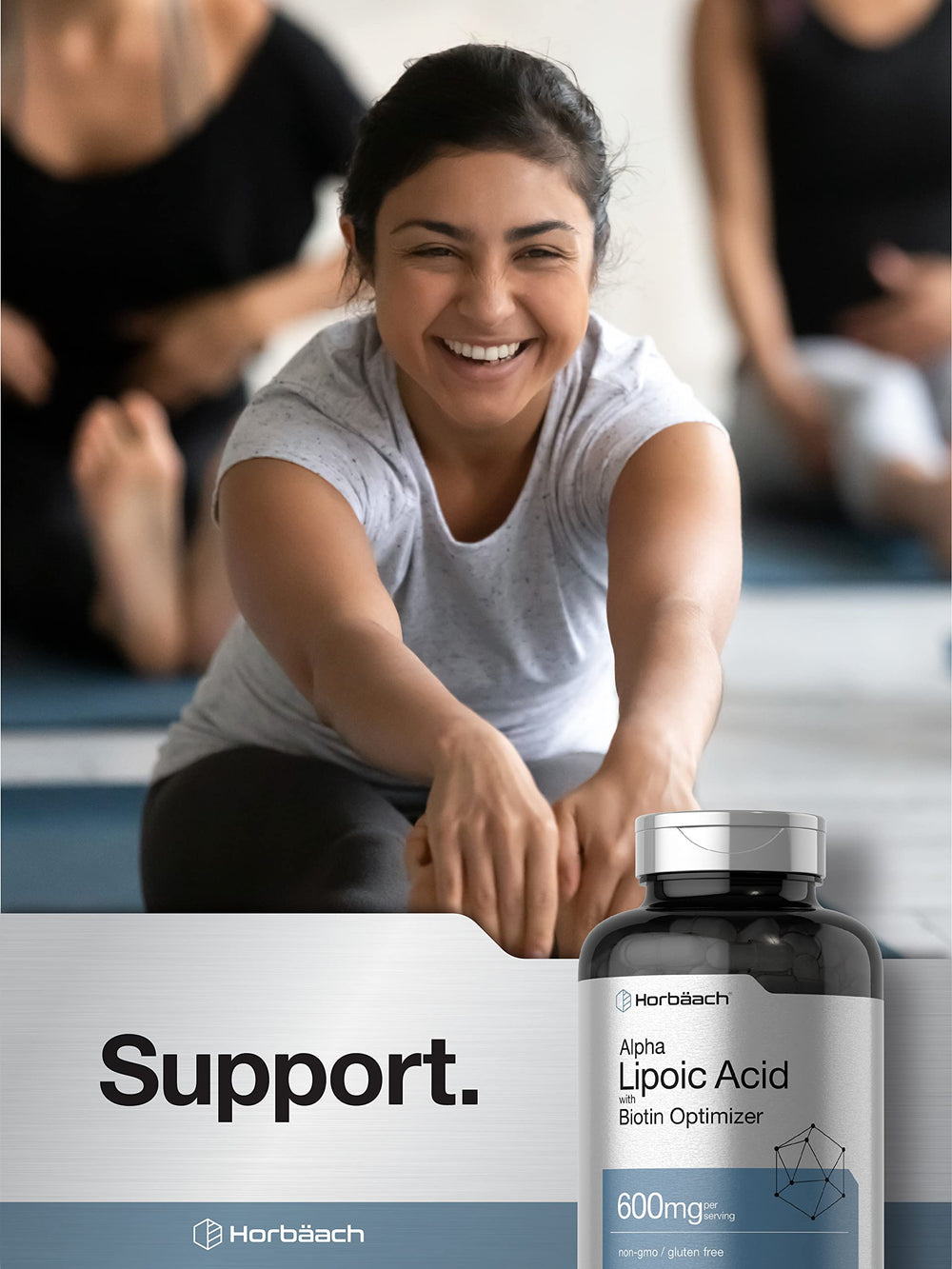 Bottle side view of Horbäach Alpha Lipoic Acid 600mg.