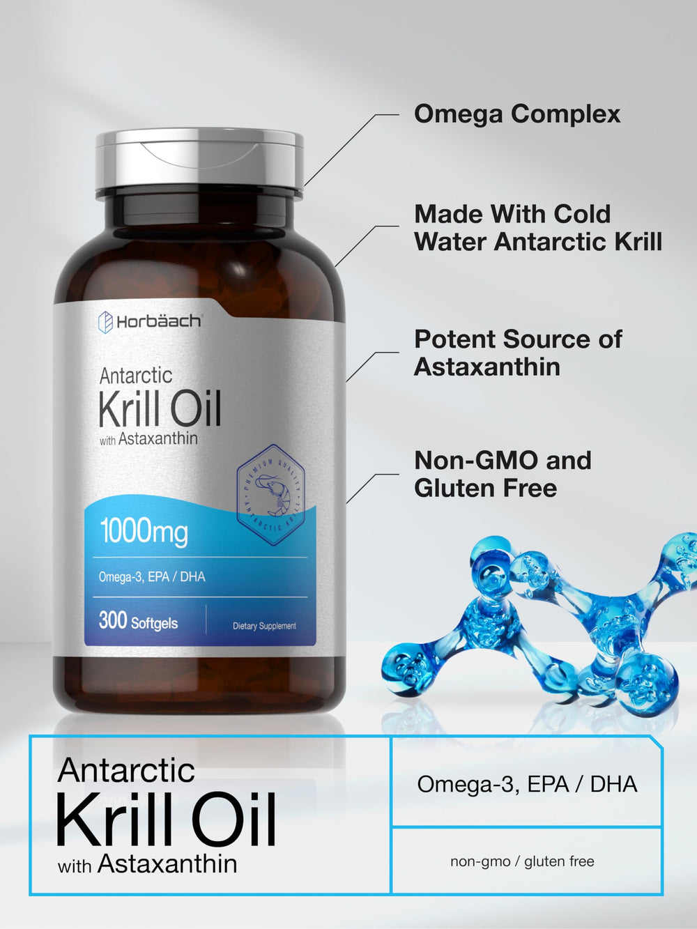 Side view of Horbaach Krill Oil bottle with softgels
