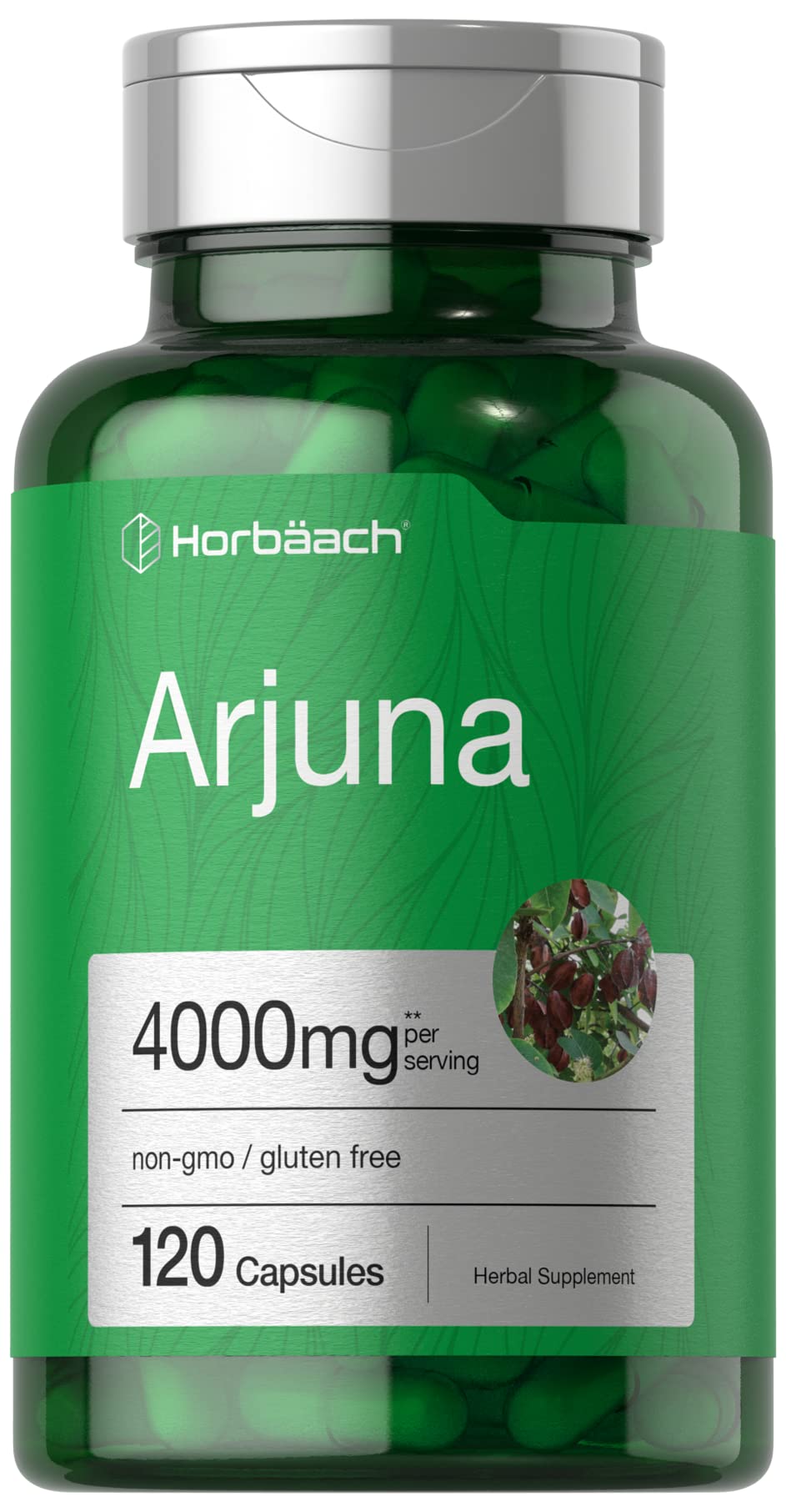 Horbaach Arjuna Capsules bottle displaying 4000 mg per serving