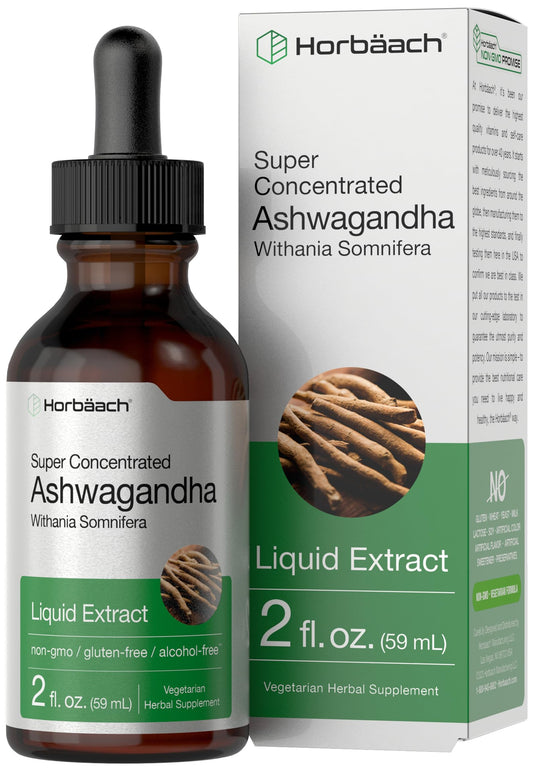 Bottle of Horbaach Ashwagandha Liquid Drops 2oz with dropper