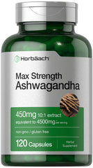 Bottle of Horbaach Ashwagandha Supplement 120 capsules - front view