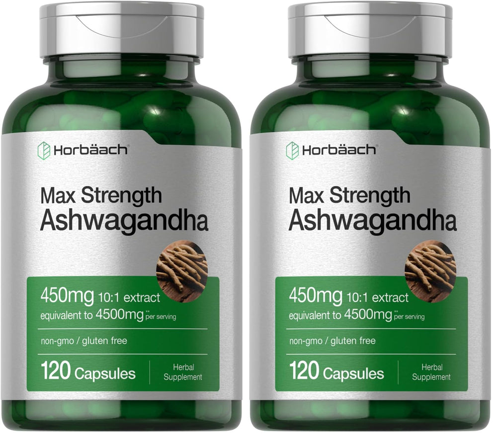 Horbäach Ashwagandha supplement bottle with 120 capsules in a pack of 2