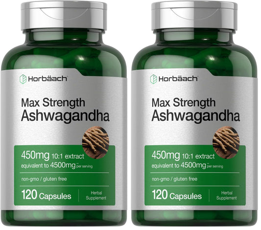 Horbäach Ashwagandha supplement bottle with 120 capsules in a pack of 2