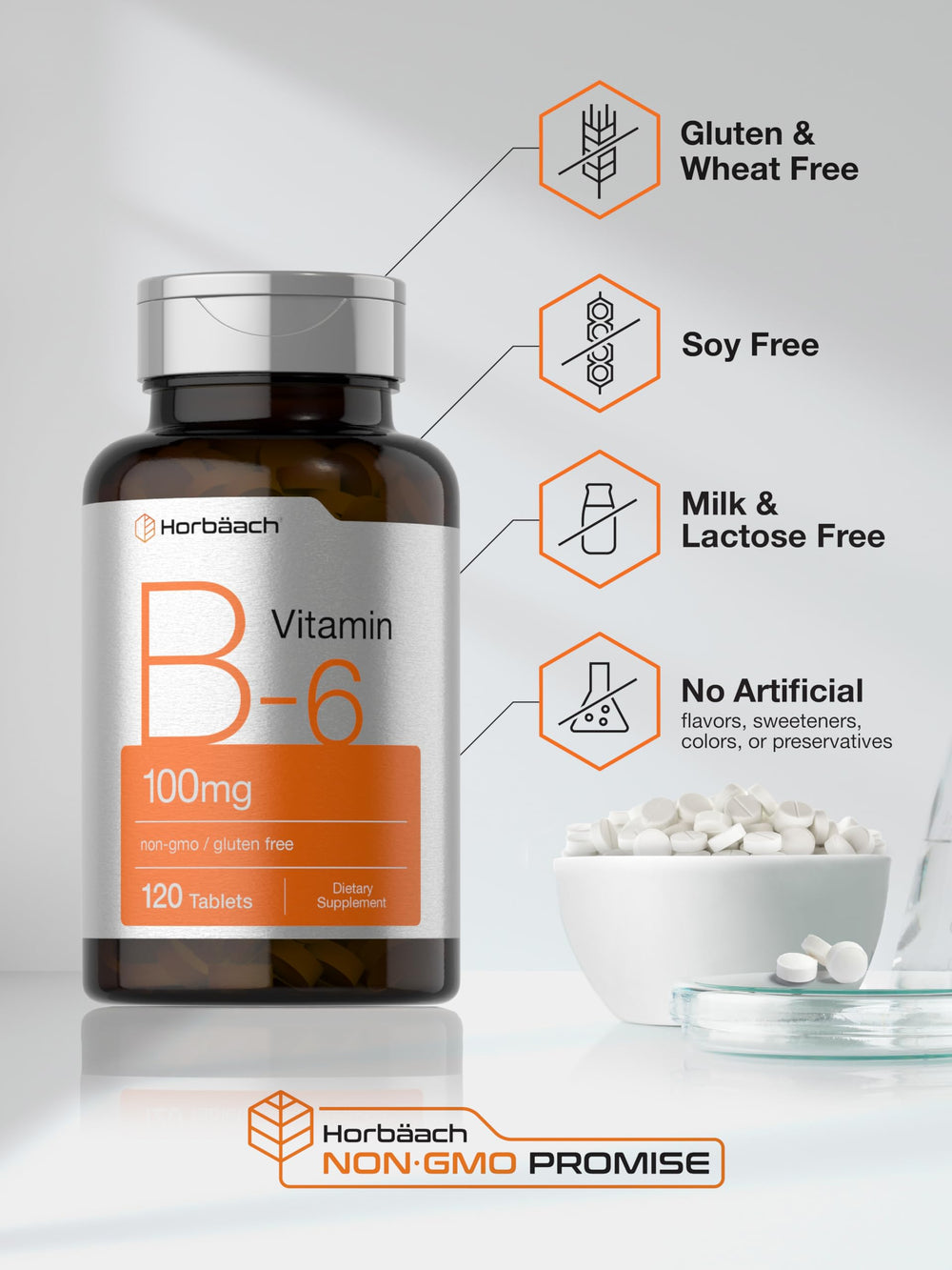 Gluten-free, Non-GMO Vitamin B6 supplement packaging