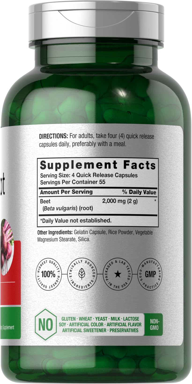 Nutrition facts label close-up on Horbaach Beet Root Powder Capsules