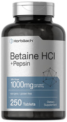 Front view of Horbaach Betaine HCl with Pepsin bottle – 1000 mg, 250 tablets