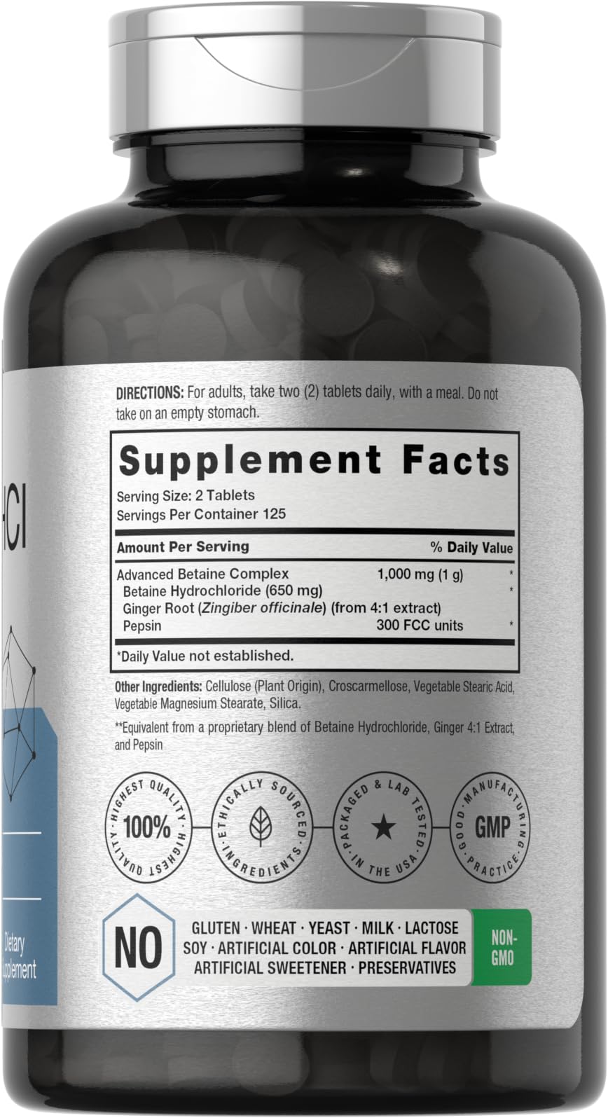 Supplement facts label for Horbaach Betaine HCl with Pepsin