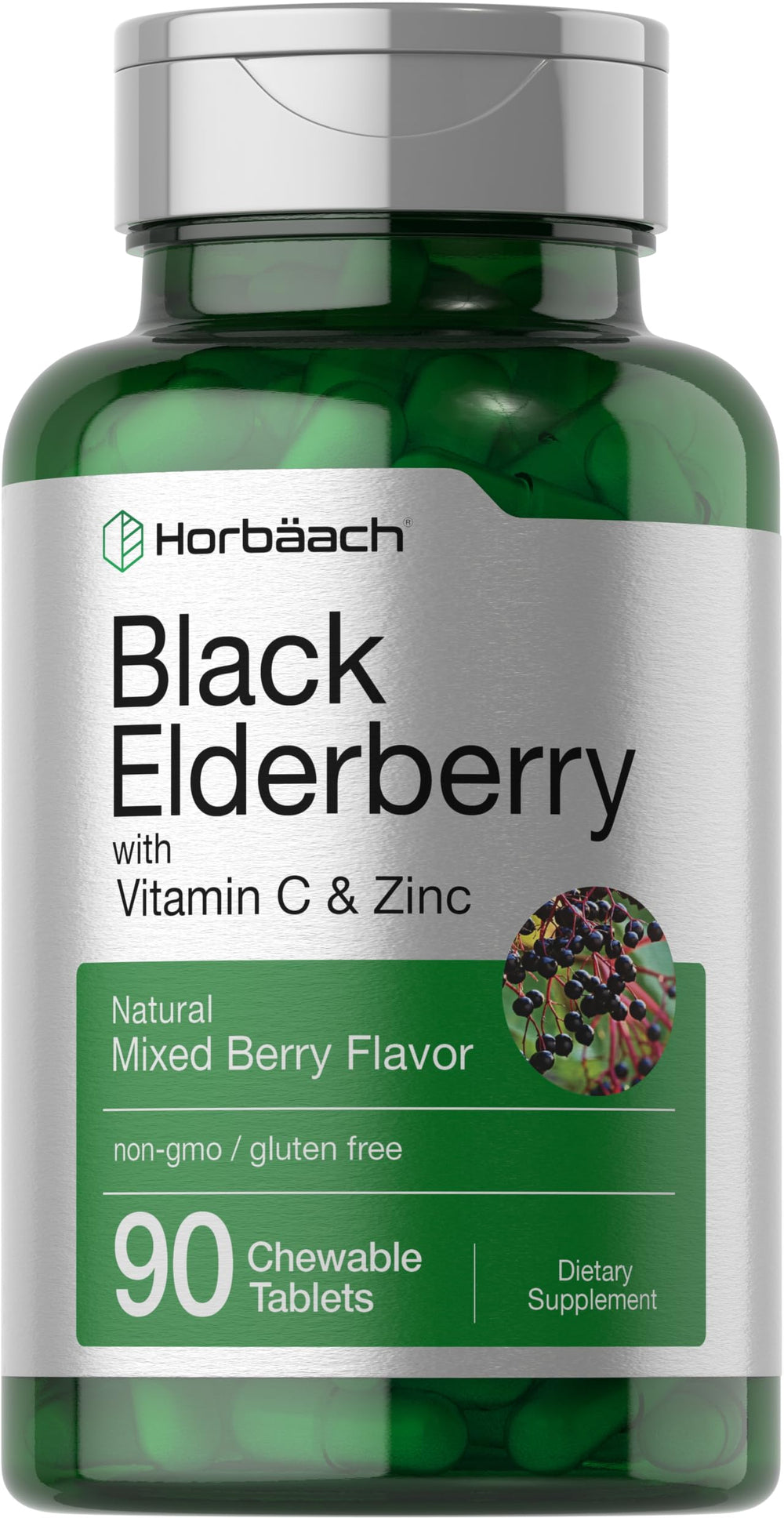 Horbaach Black Elderberry with Vitamin C and Zinc bottle label on white background