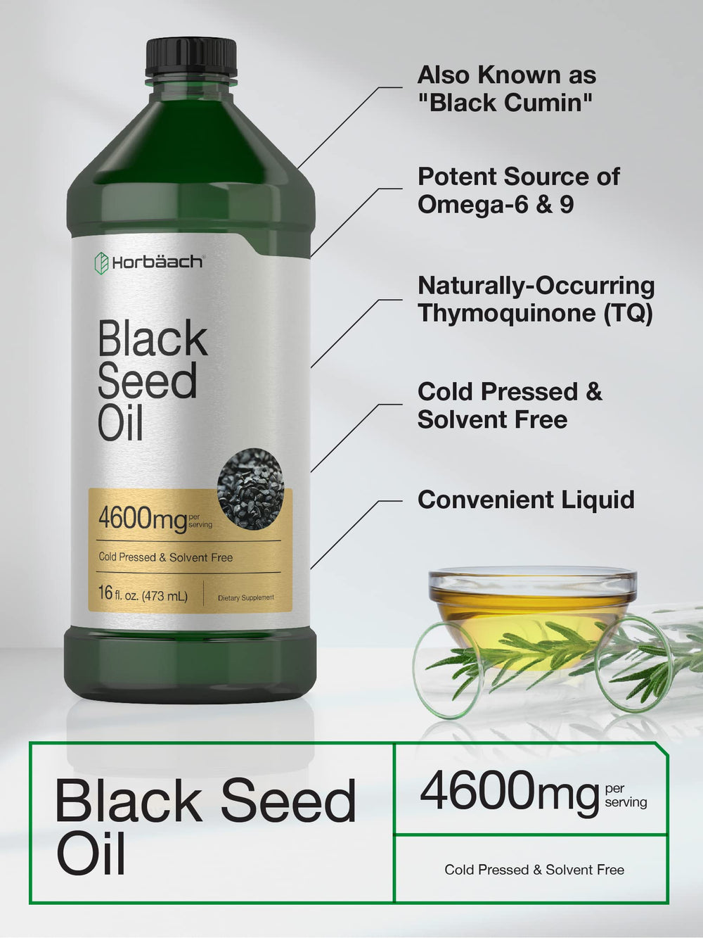 Close-up of bottle cap and label for Horbäach Black Seed Oil Liquid