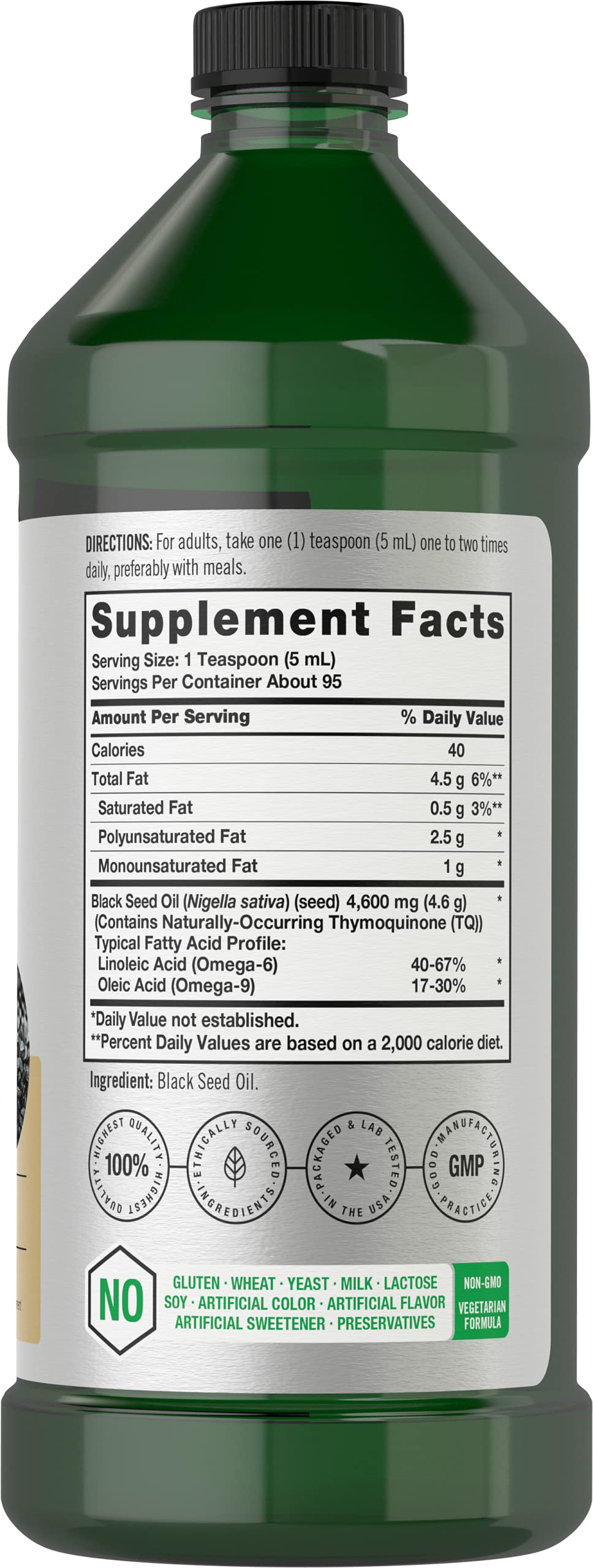 Close-up view of Horbäach Black Seed Oil Liquid 16oz label