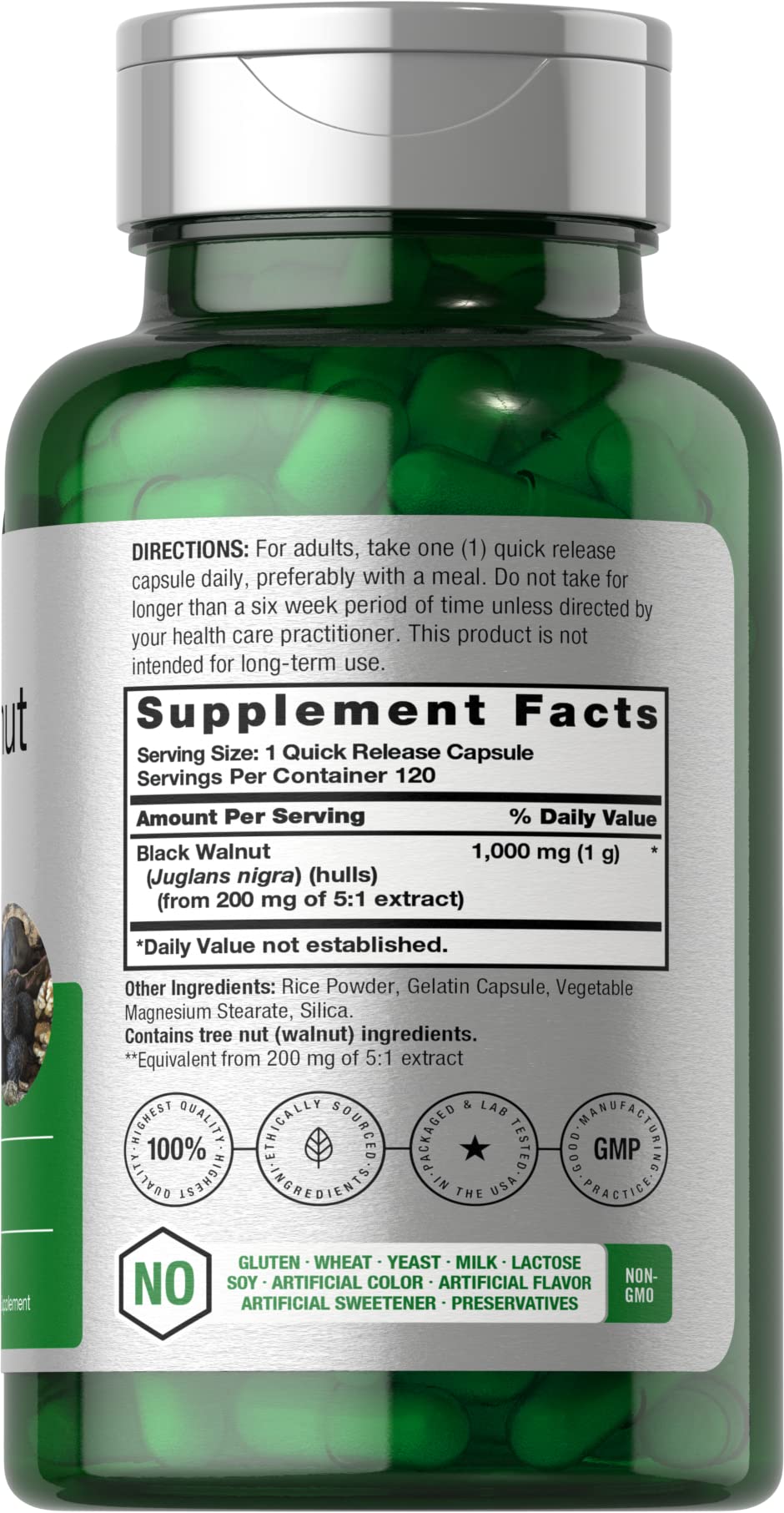 Close-up of Horbaach 1000 mg Black Walnut Hulls Capsules