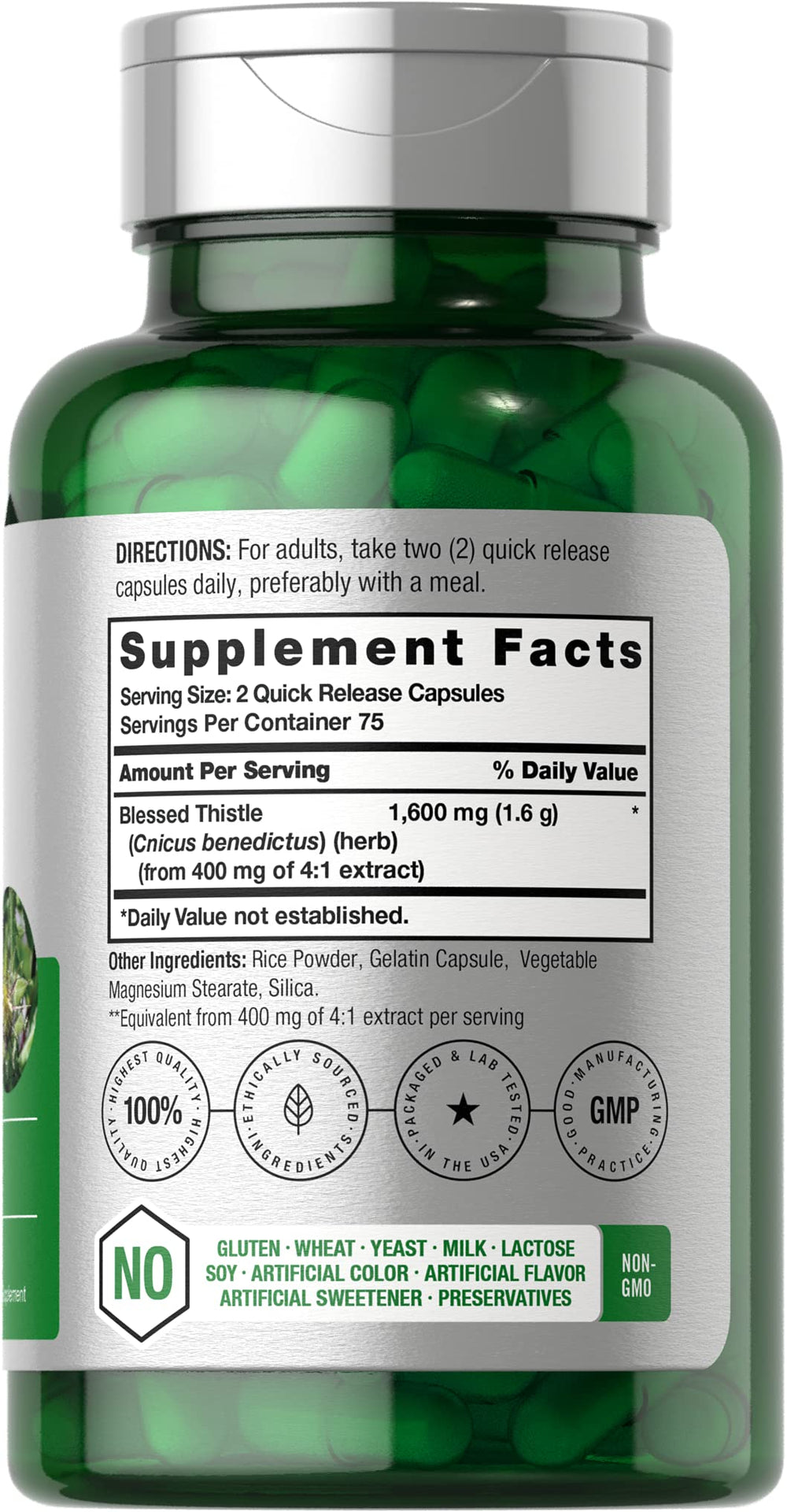Back view showing supplement facts for Horbaach Blessed Thistle 1600 mg