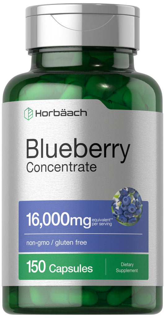 Front view of Horbaach Blueberry Extract bottle with capsules