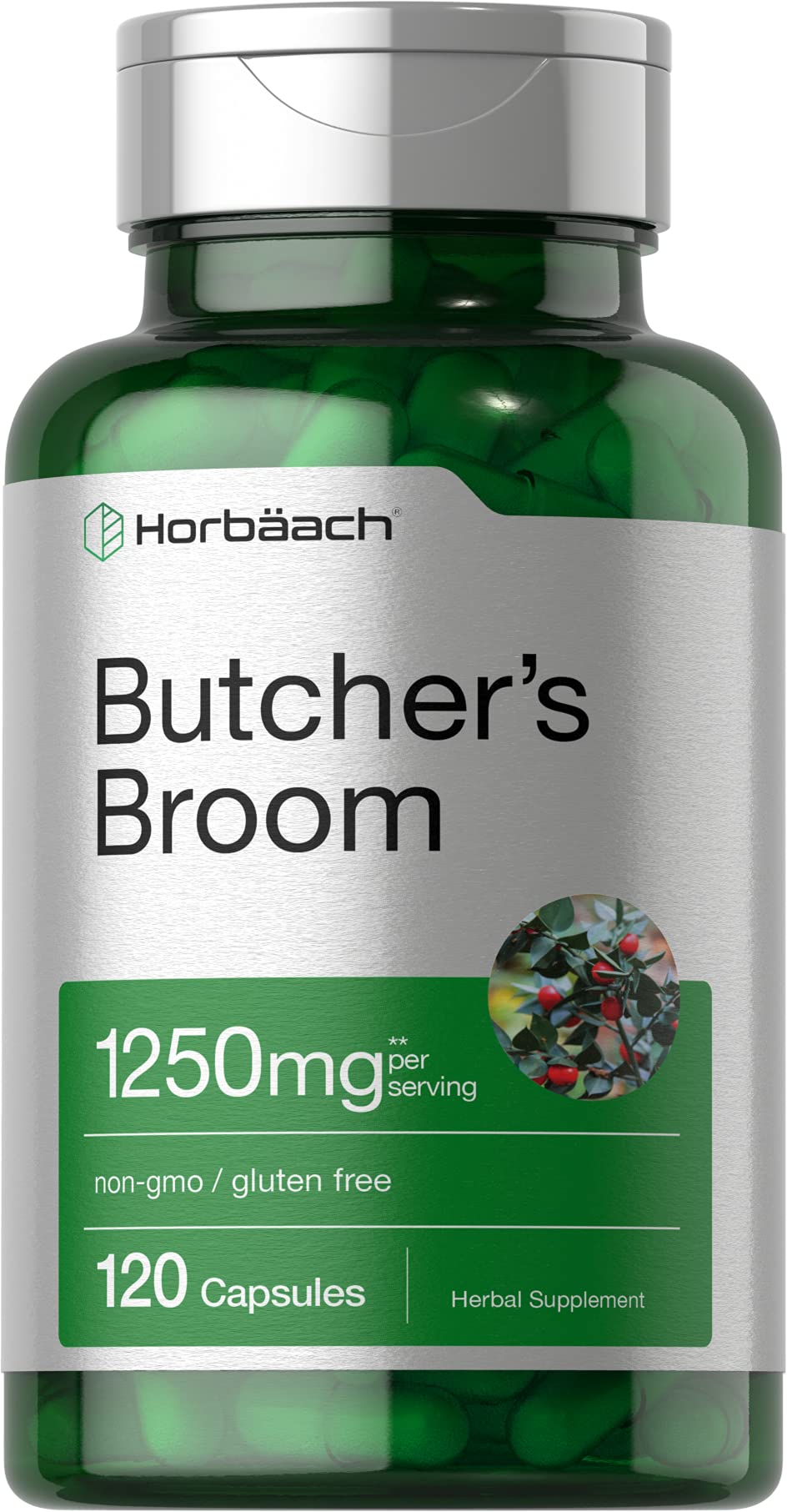 Bottle of Horbaach Butchers Broom Capsules 1250mg