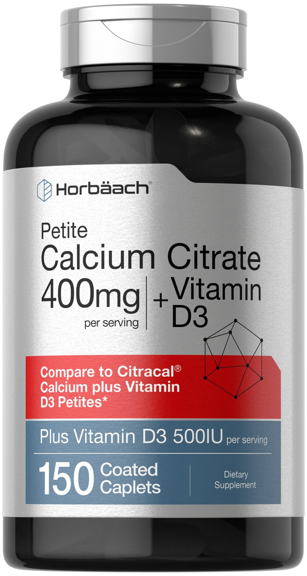 Horbäach Calcium Citrate with Vitamin D3 bottle and 150 coated caplets