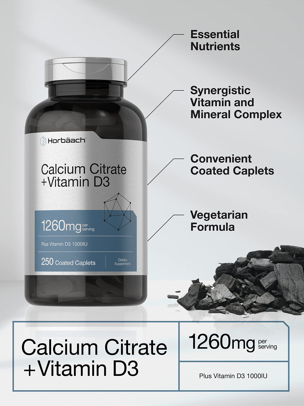 Close-up of Horbaach Calcium Citrate with Vitamin D3 bottle