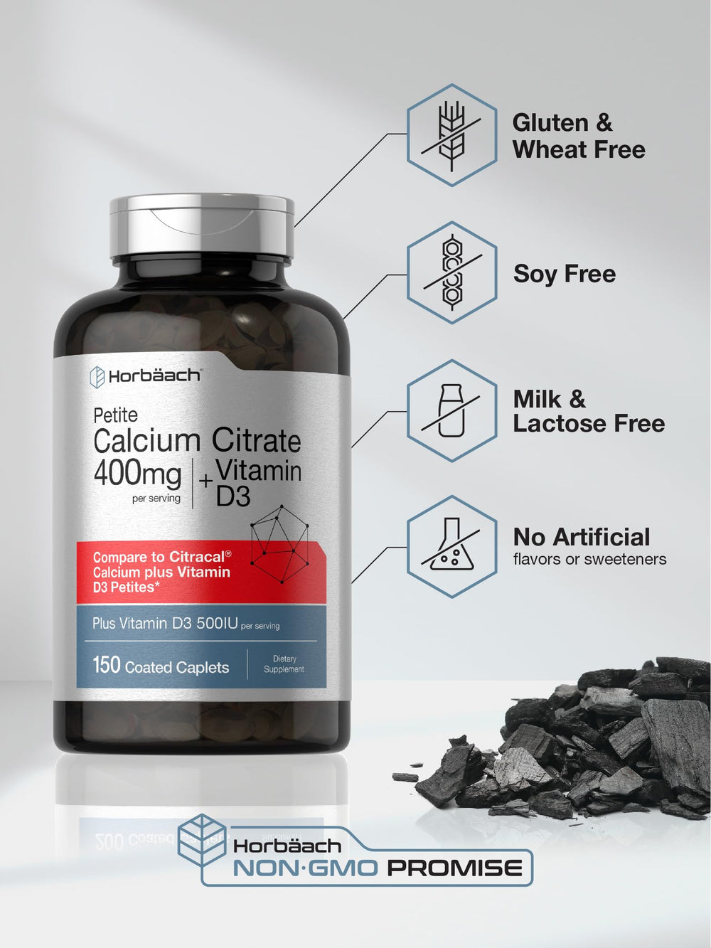 Vegetarian, gluten-free Horbäach Calcium Citrate with D3 label