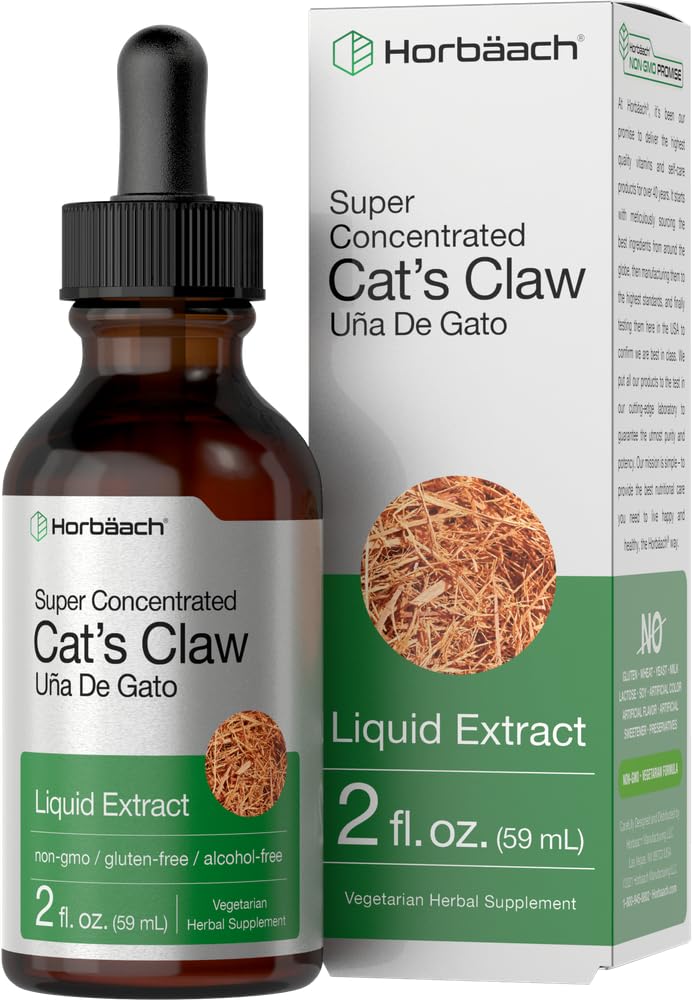 Horbäach Cat's Claw Herb Extract Tincture bottle, 2 fl oz, alcohol-free, vegetarian, non-GMO, gluten-free.