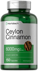 Horbäach Ceylon Cinnamon capsules bottle displaying 6000 mg per serving