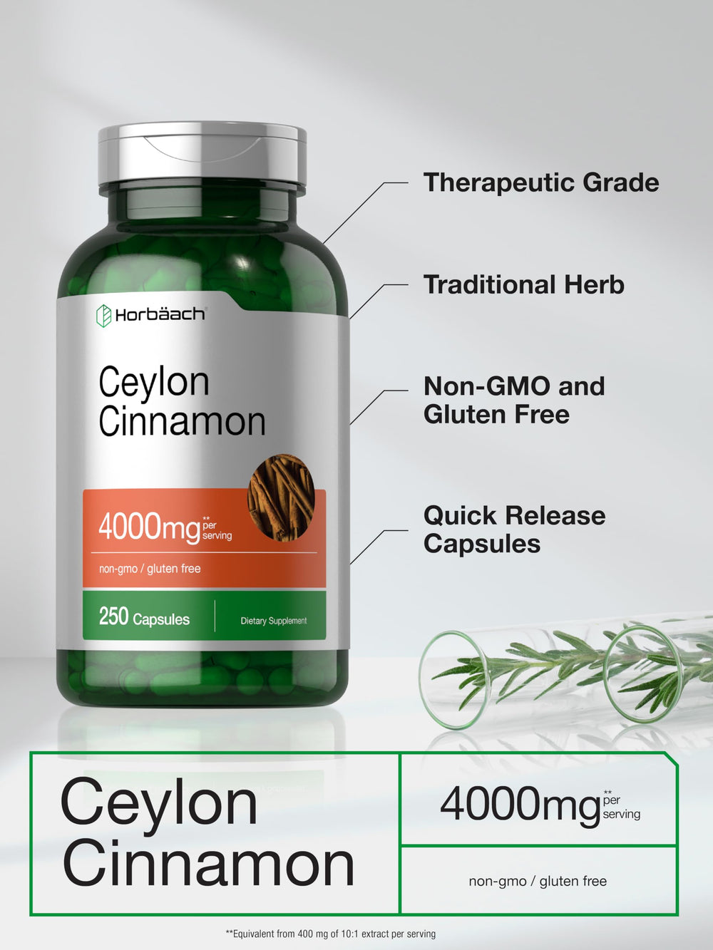 Non-GMO and Gluten Free icons on Horbaach Cinnamon bottle
