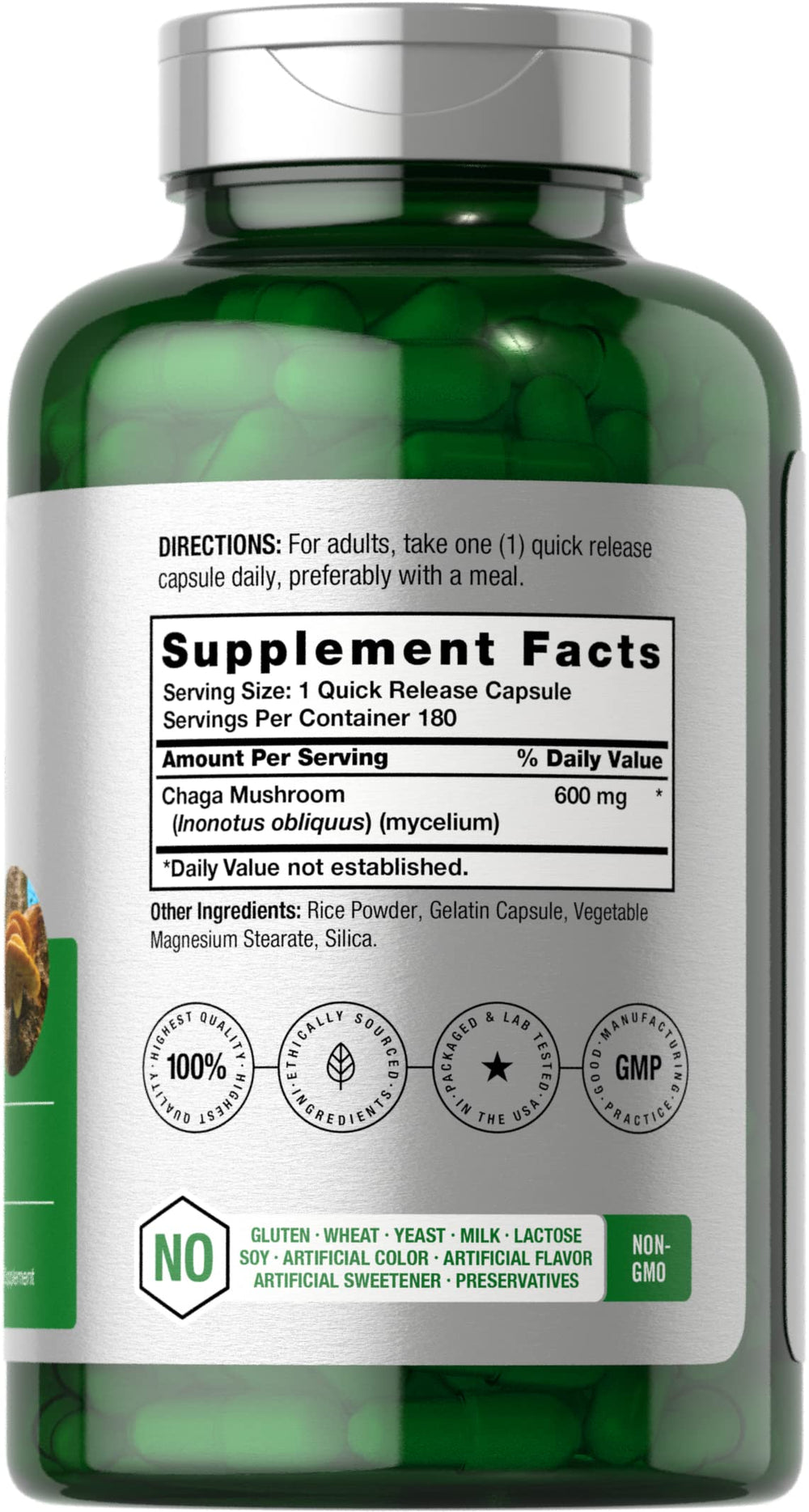 Close-up of Horbäach Chaga Mushroom Capsules label
