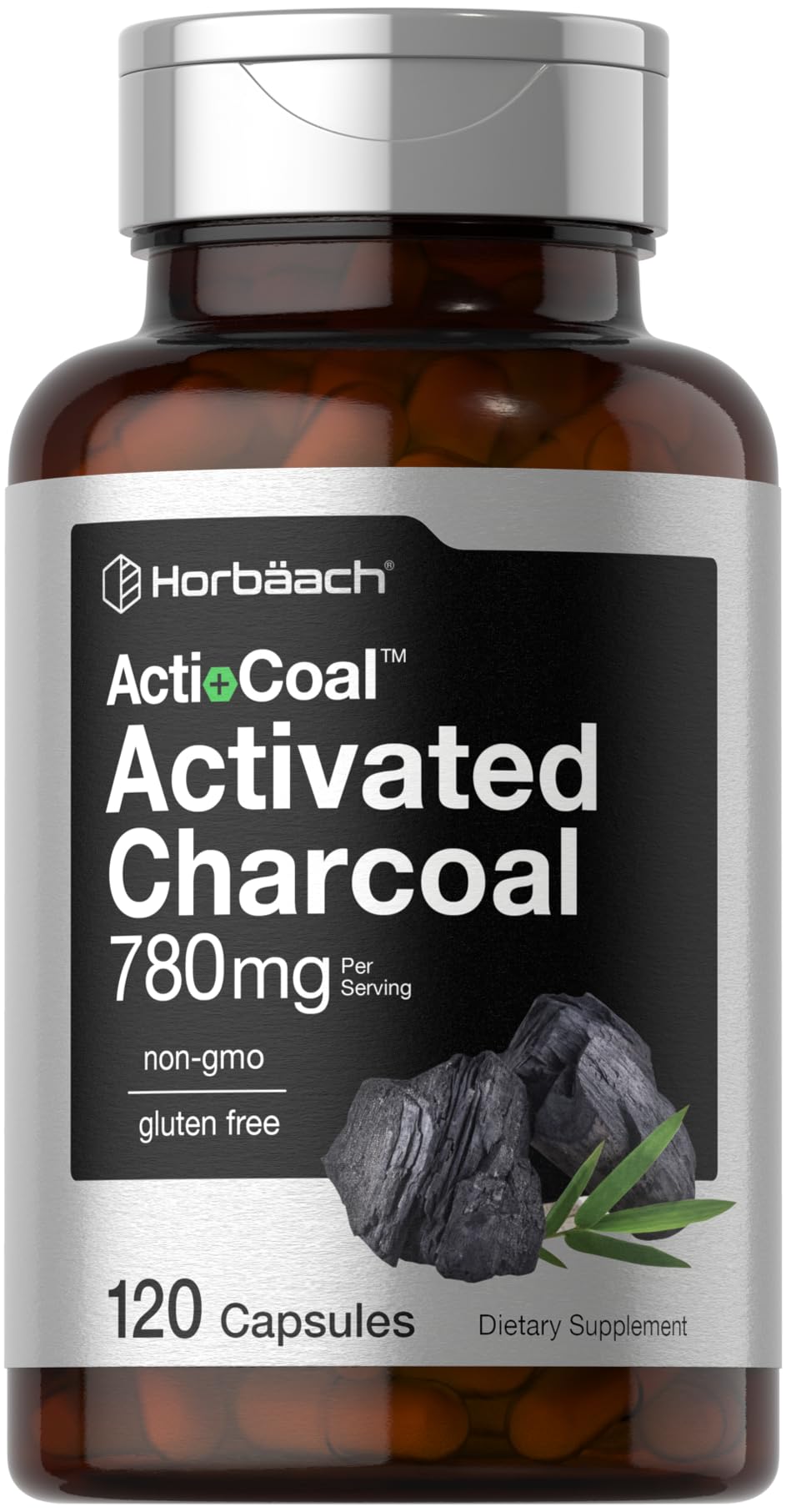 Horbäach Charcoal Pills bottle label showing 780 mg activated charcoal per capsule