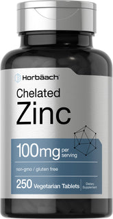 Horbäach Chelated Zinc 100 mg bottle – 250 tablets front label