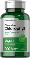 Horbäach chlorophyll pills bottle with 300 peppermint chewable tablets