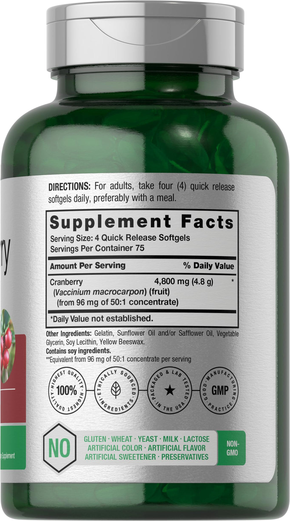 Horbäach Cranberry Pills 4800mg bottle back view with dosage information