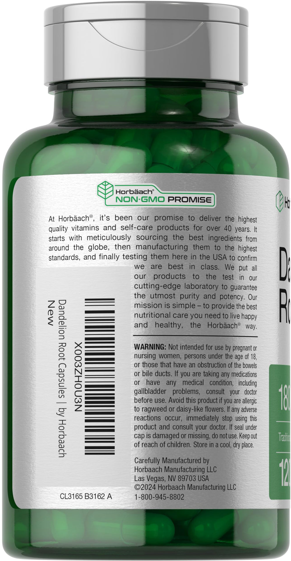 Supplement facts panel for Horbaach Dandelion Root 1800mg