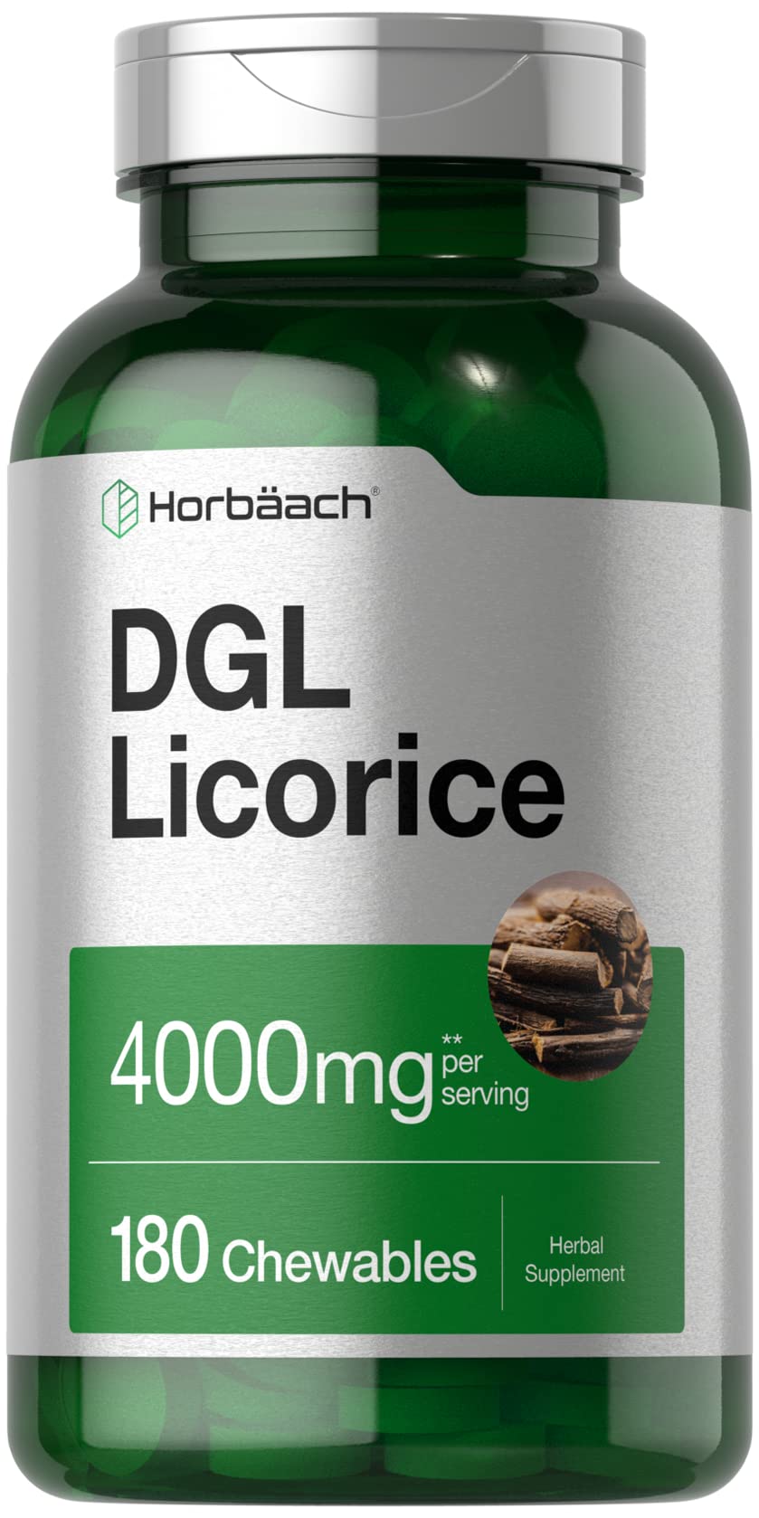 Front view of Horbaach DGL Licorice Chewable Tablets 4000mg 180-count packaging