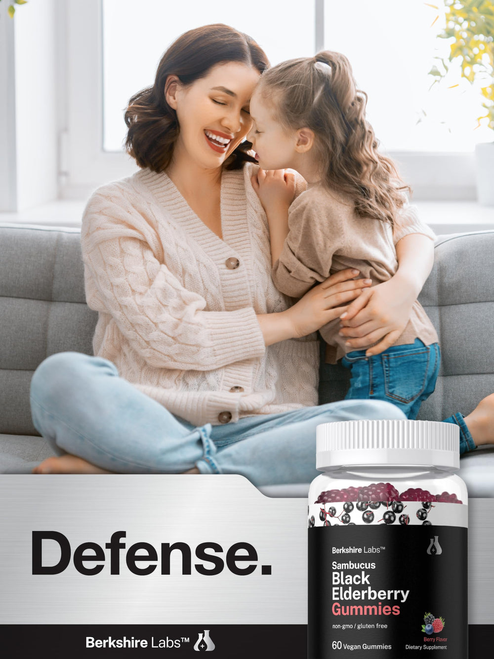 Product features highlighting elderberry, vitamin C, and zinc