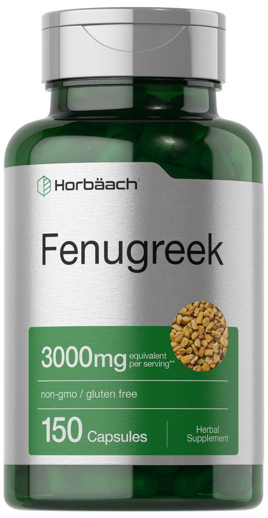 Horbäach Fenugreek Capsules bottle label, 150 count