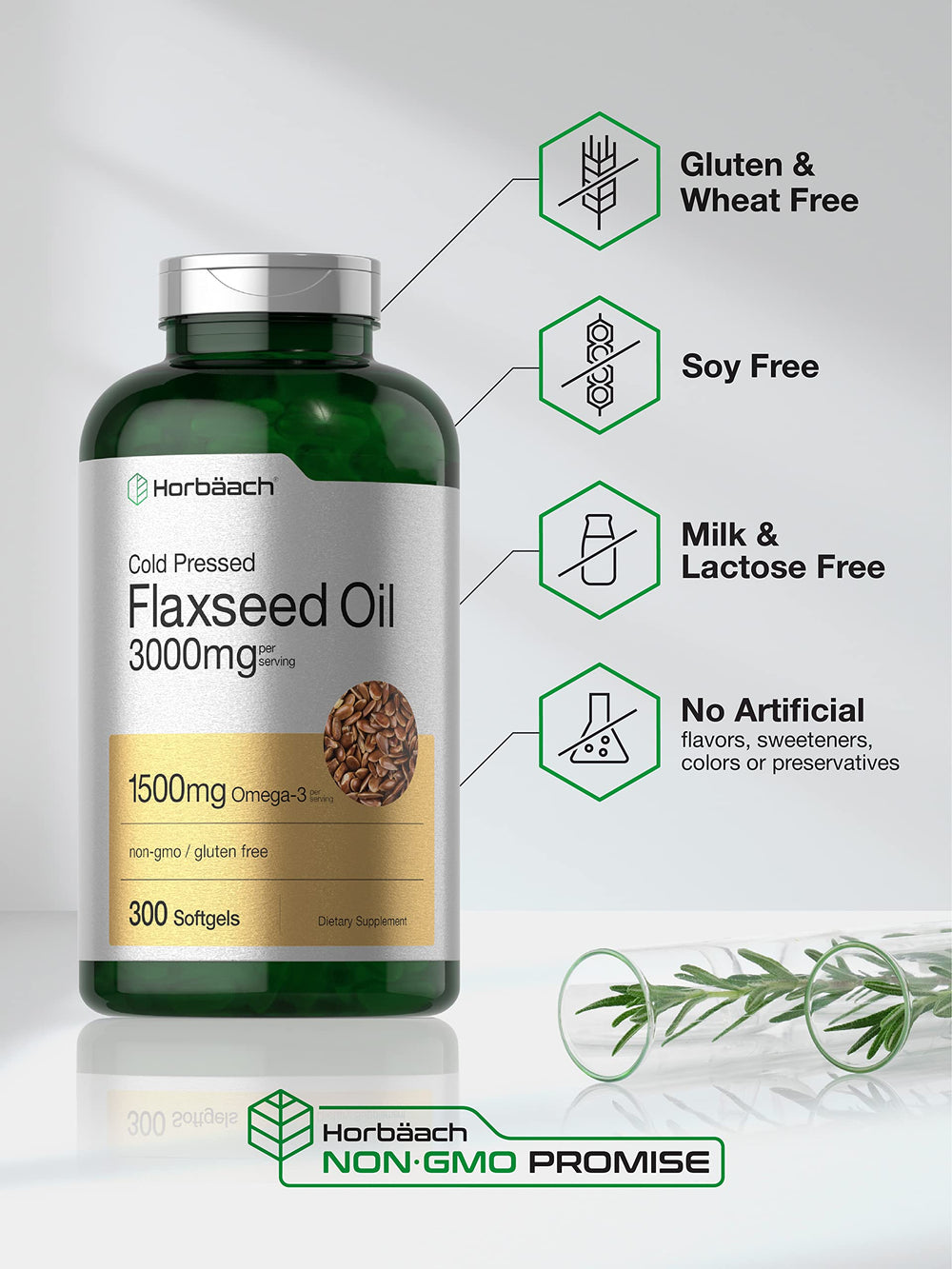 Horbäach bottle label highlighting Omega 3-6-9 and Non-GMO