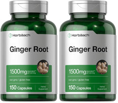 Front view of Horbaach Ginger Root Capsules bottle with 1500 mg and 150 capsules, Pack of 2