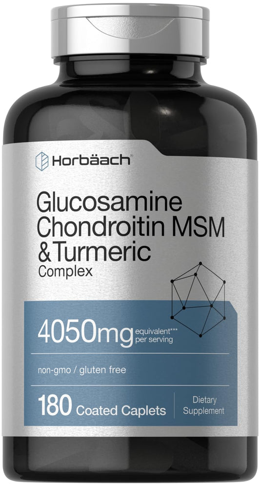 Front view of Horbaach Glucosamine Chondroitin MSM 4050 mg 180 caplets with turmeric