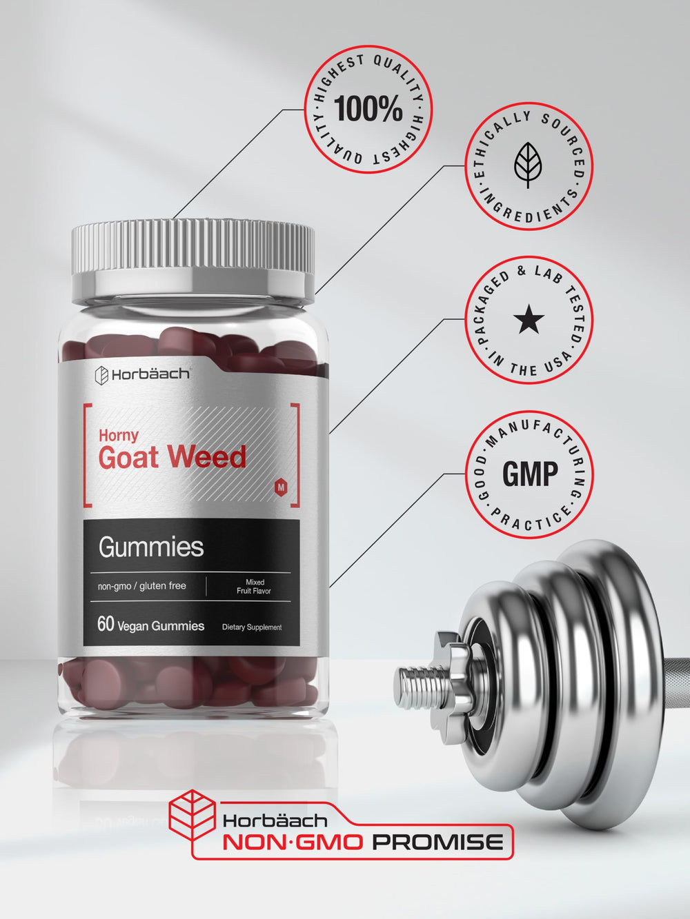 60-count bottle of Horbaach Horny Goat Weed Gummies