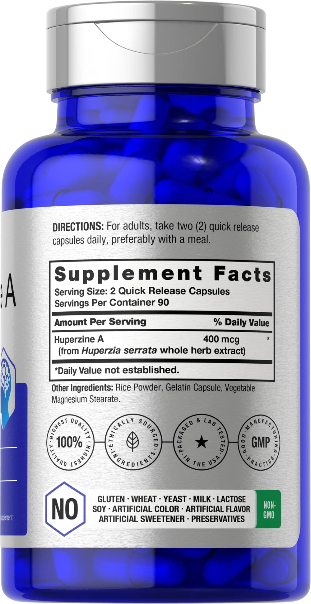Close-up of Huperzine A capsules in bottle