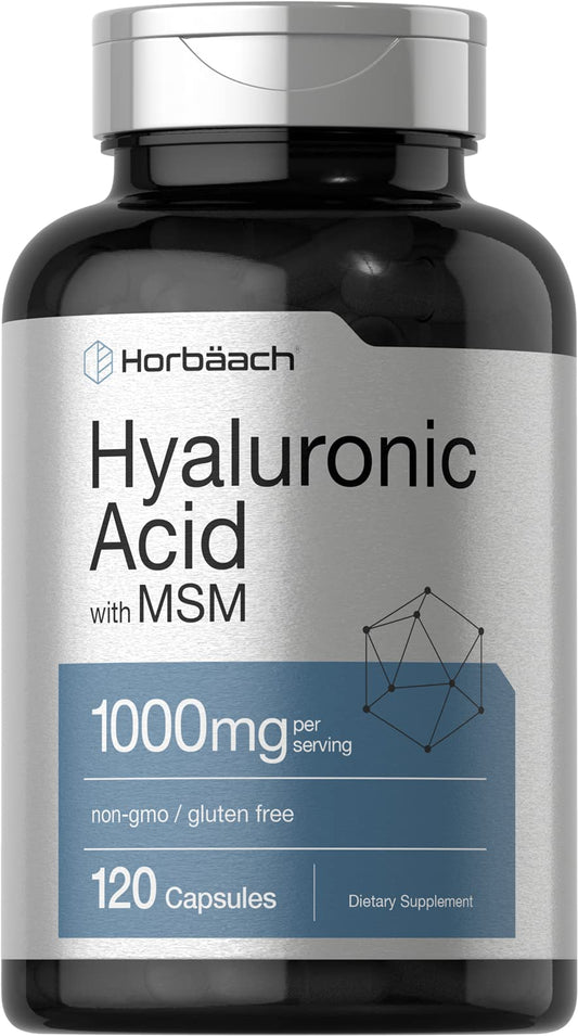 Horbäach Hyaluronic Acid with MSM bottle showing 1000 mg per serving