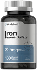 Front view of Horbaach Iron Ferrous Sulfate 325mg 180-count bottle