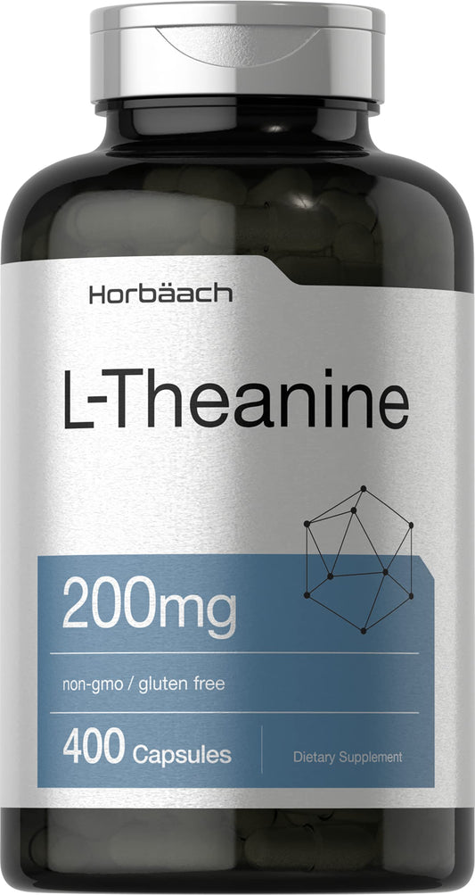 Horbaach L-Theanine bottle with 400 capsules, 200 mg each, value size